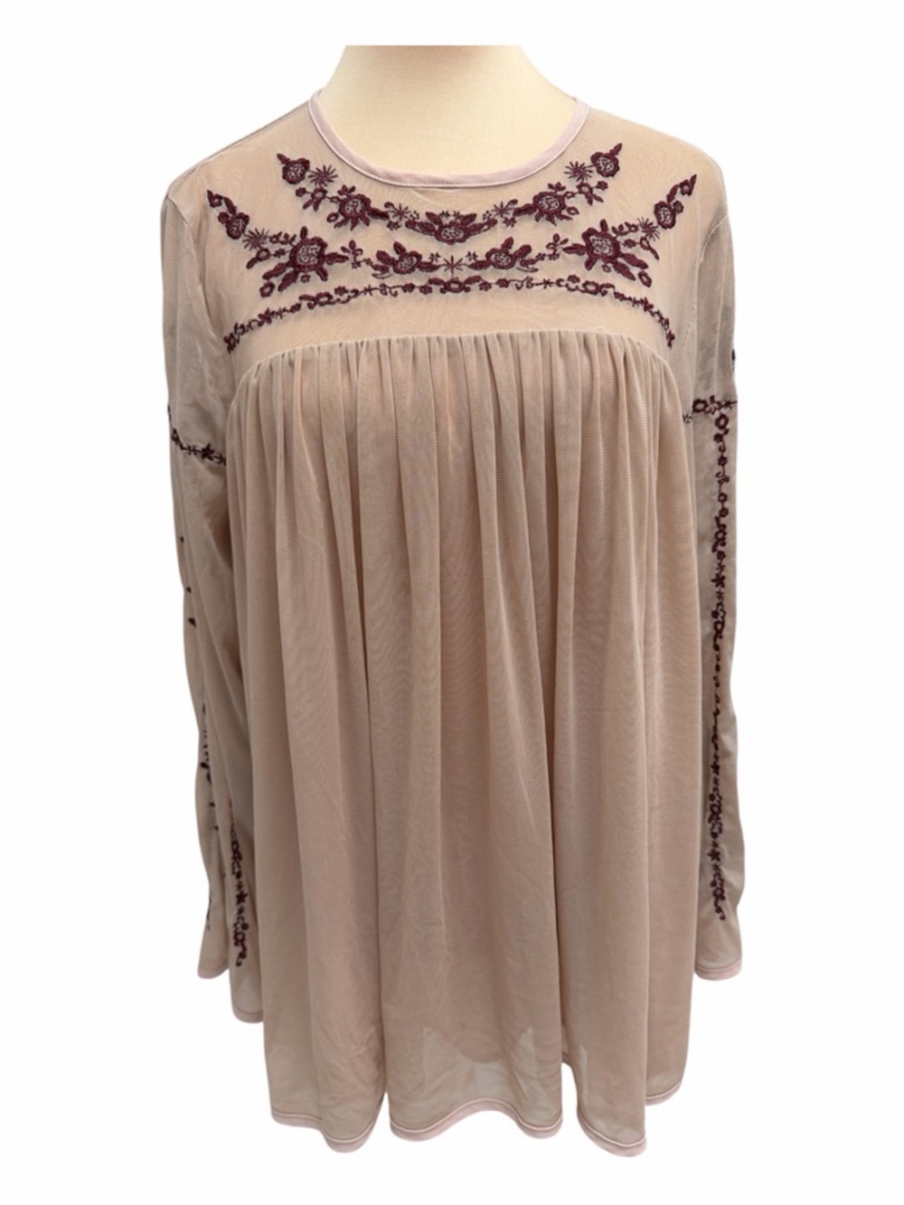 entro Blush sheer Mesh Tunic Top with Burgundy Floral Embroidery
